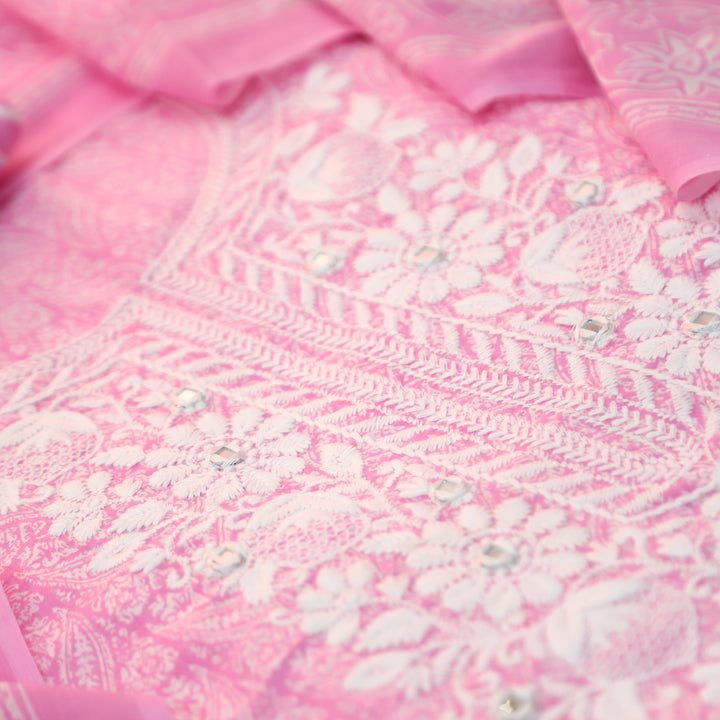 Stella Candy Pink Chikankari Inspired Neck Printed Cotton Set