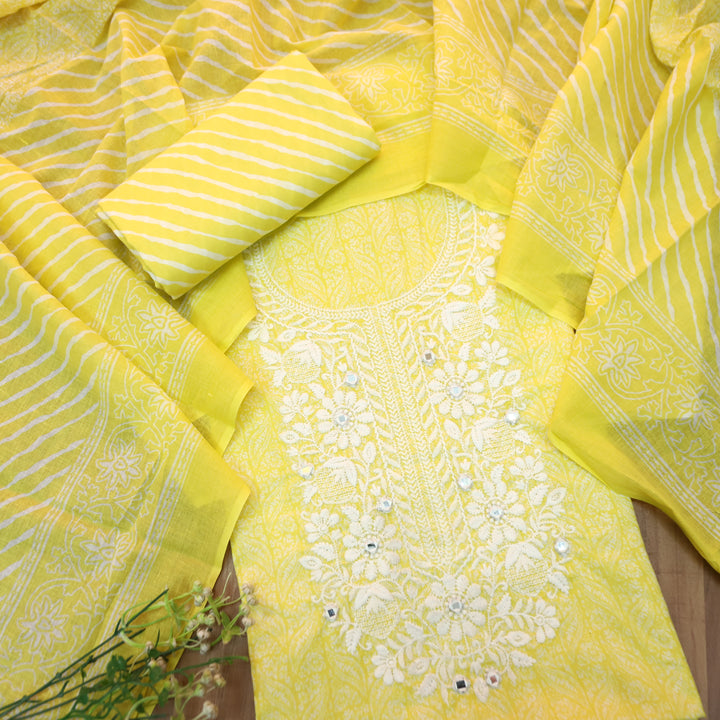 Stella Butter Yellow Chikankari Inspired Neck Printed Cotton Set