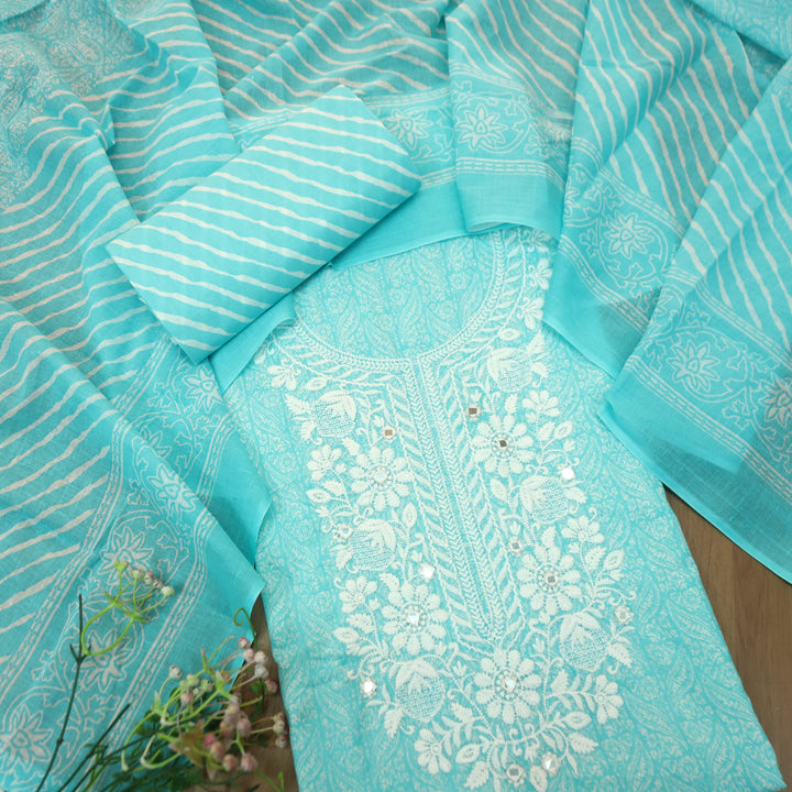 Stella Ocean Aqua Chikankari Inspired Neck Printed Cotton Set