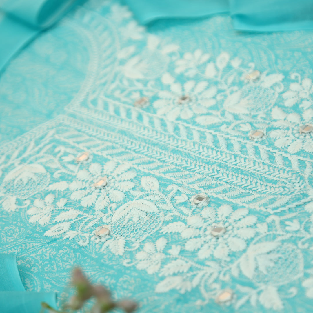 Stella Ocean Aqua Chikankari Inspired Neck Printed Cotton Set