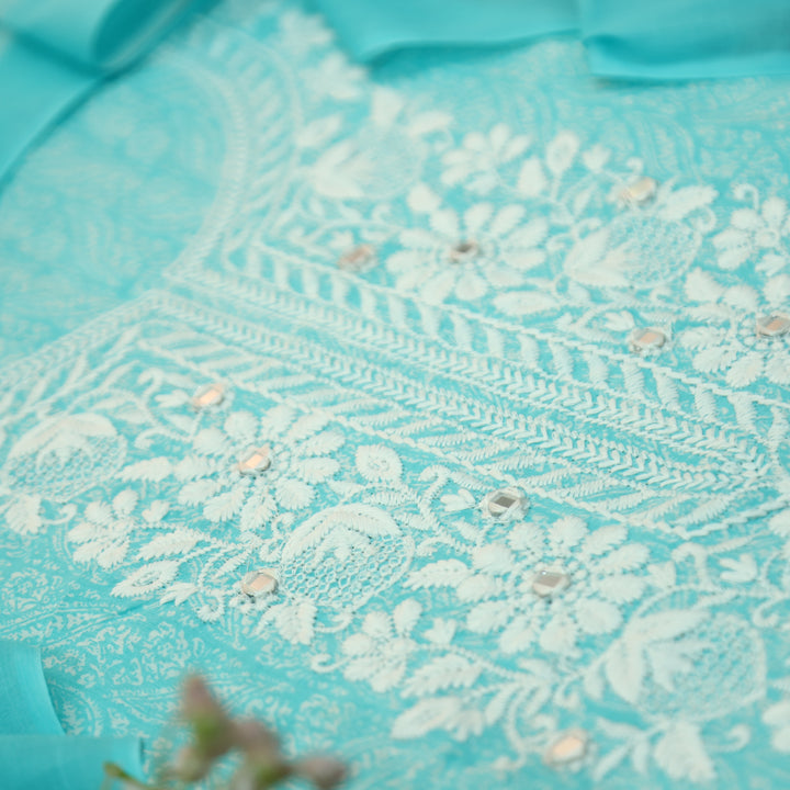 Stella Ocean Aqua Chikankari Inspired Neck Printed Cotton Set