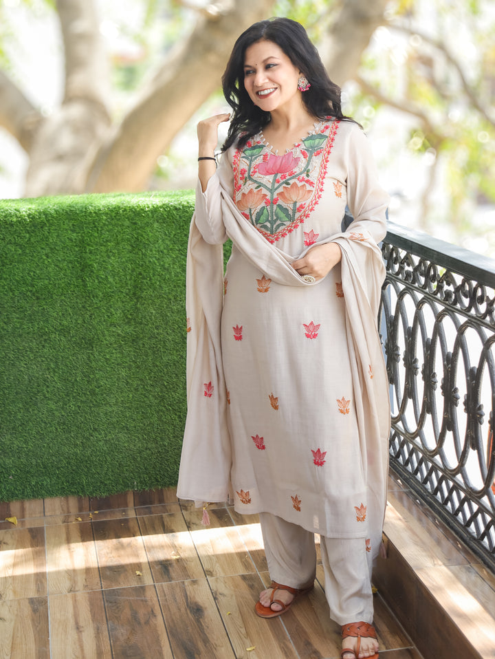 Elisha Sand Tan Kantha Mul Chanderi 3 Piece Set