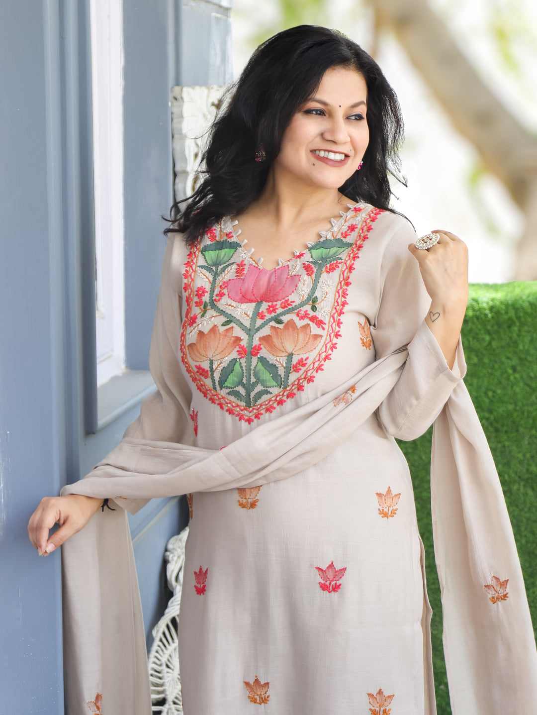 Elisha Sand Tan Kantha Mul Chanderi 3 Piece Set