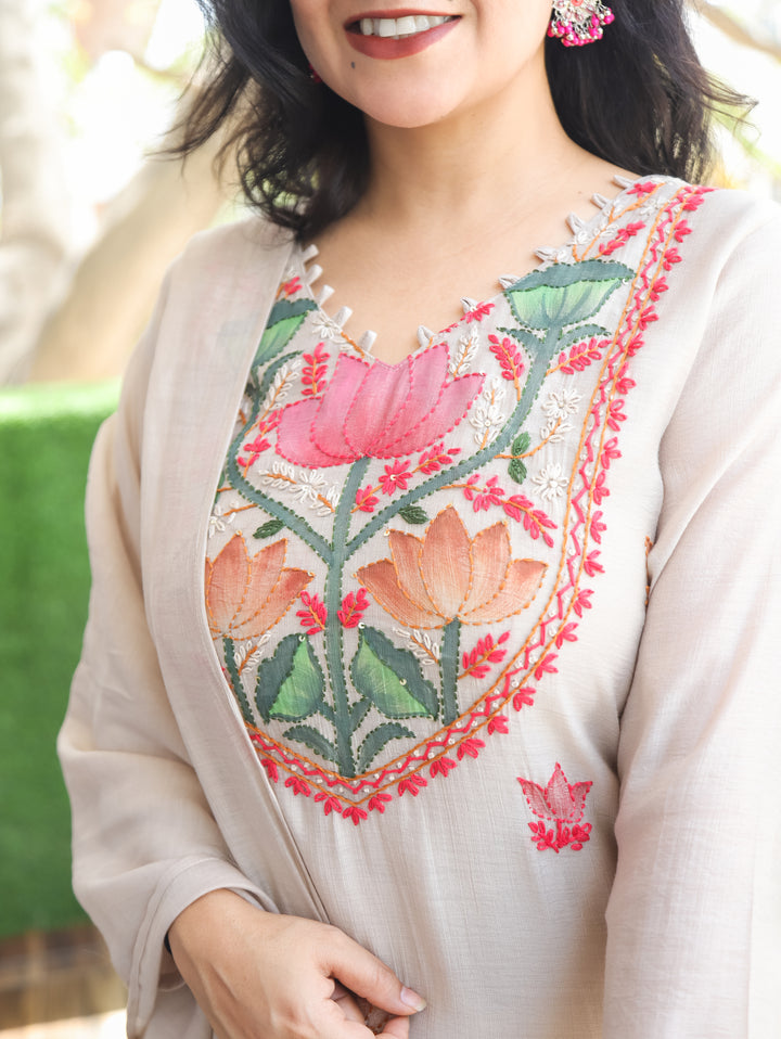 Elisha Sand Tan Kantha Mul Chanderi 3 Piece Set