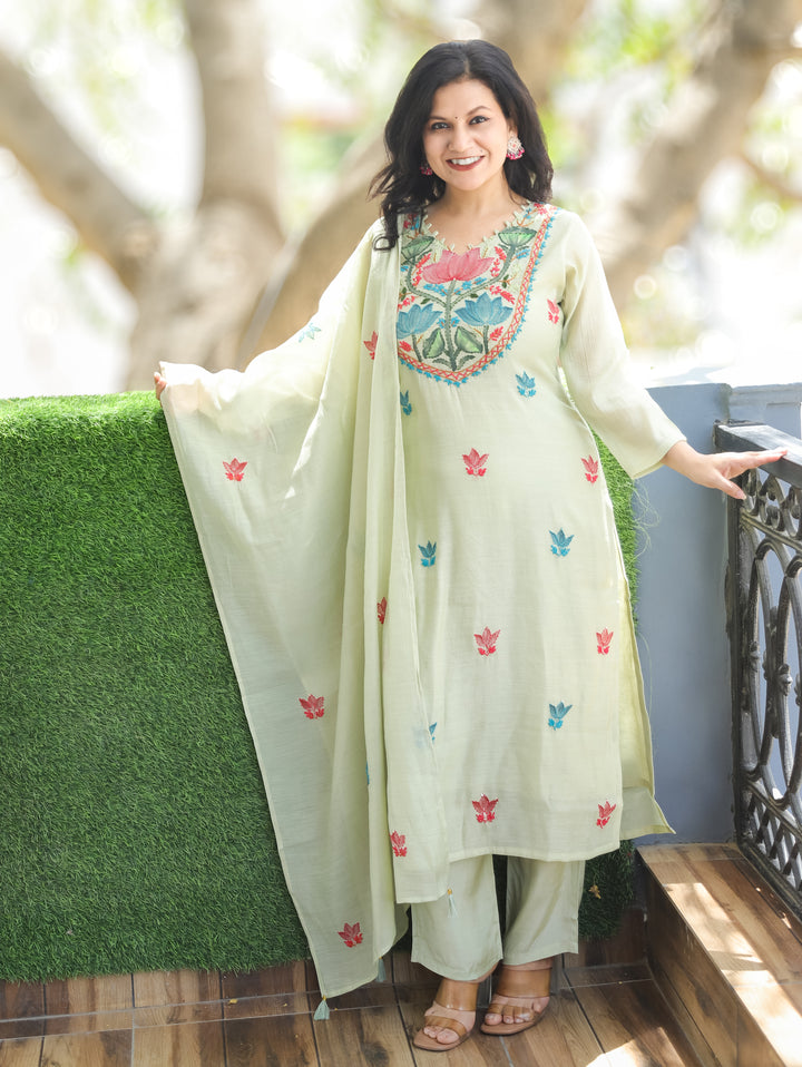 Elisha Mint Green Kantha Mul Chanderi 3 Piece Set