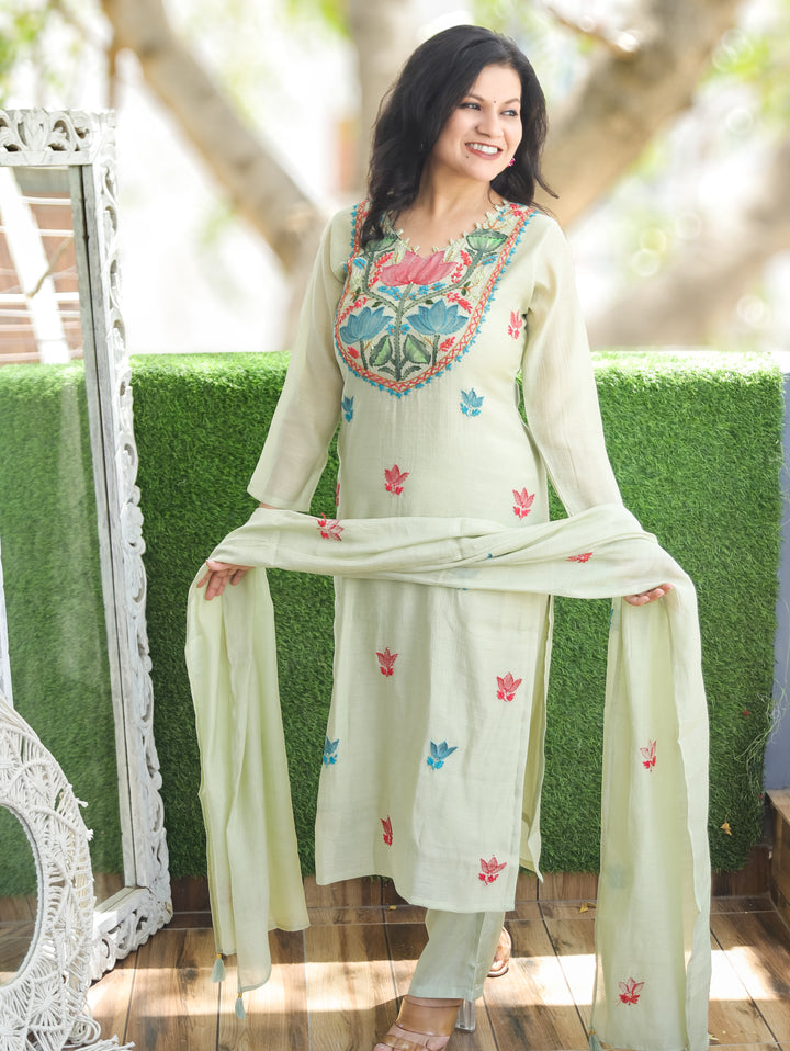 Elisha Mint Green Kantha Mul Chanderi 3 Piece Set