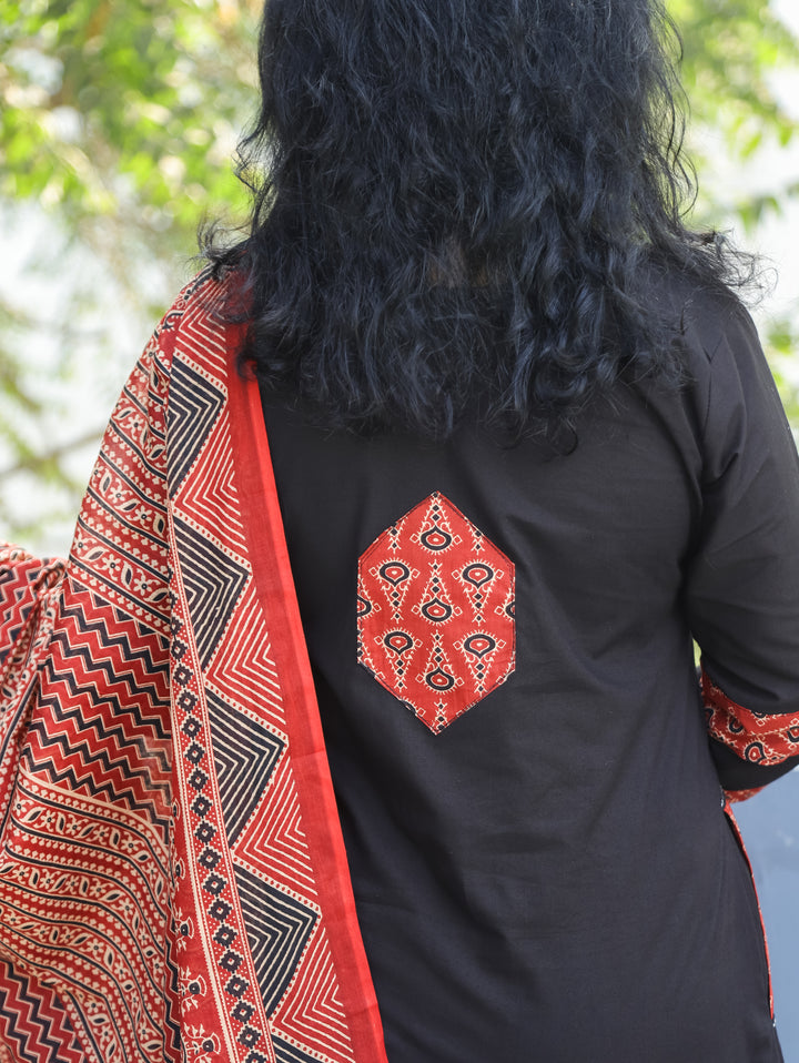 Jhilmil Black V Neck Ajrak Patch and Mirror Work Cotton 3 PIece Set with Pocket