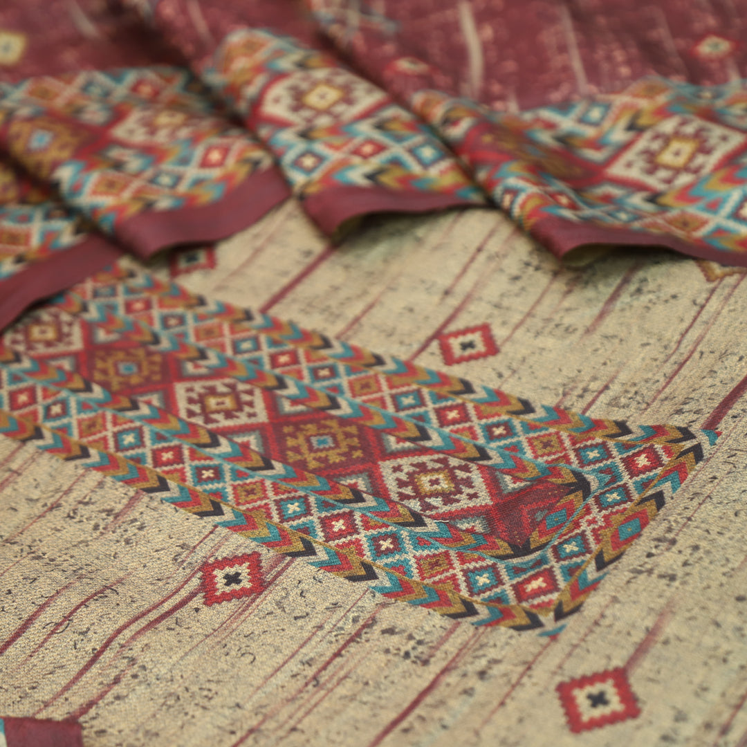 Roopwati Barn Maroon Digital Printed Semi Pashmina Winter Set