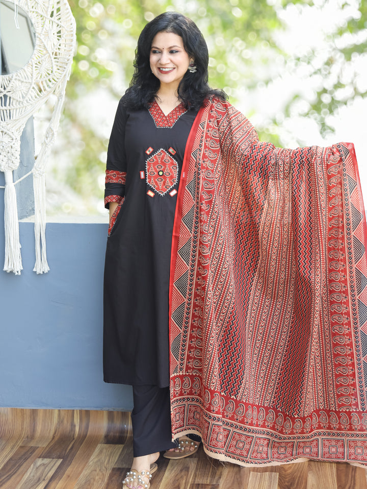 Jhilmil Black V Neck Ajrak Patch and Mirror Work Cotton 3 PIece Set with Pocket