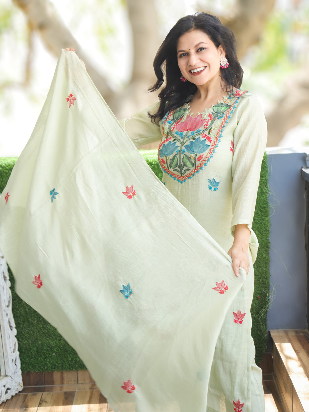 Elisha Mint Green Kantha Mul Chanderi 3 Piece Set