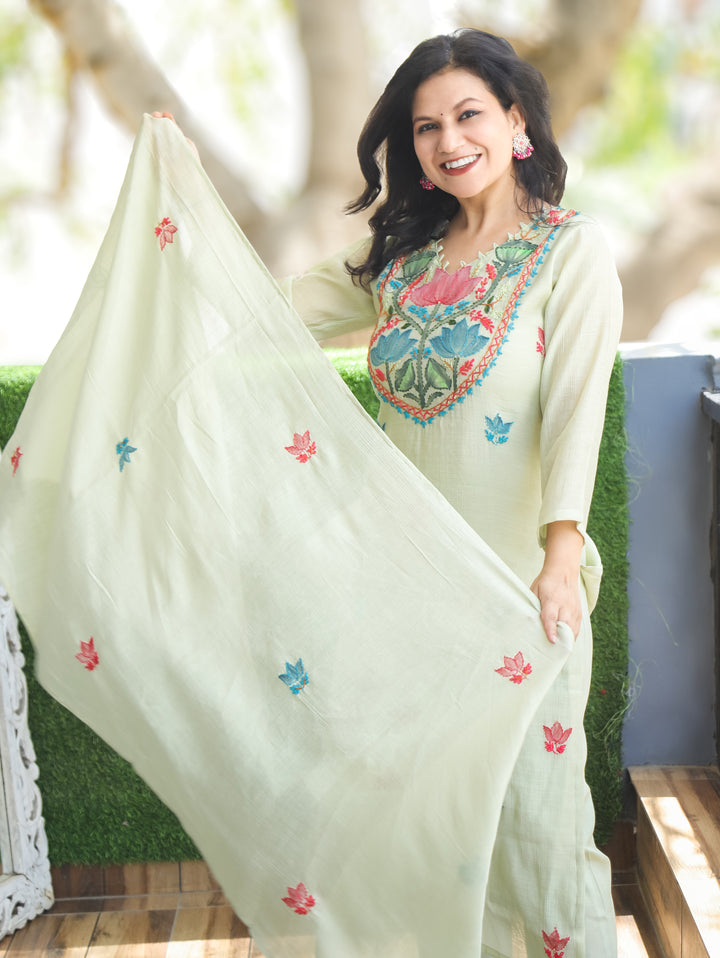 Elisha Mint Green Kantha Mul Chanderi 3 Piece Set