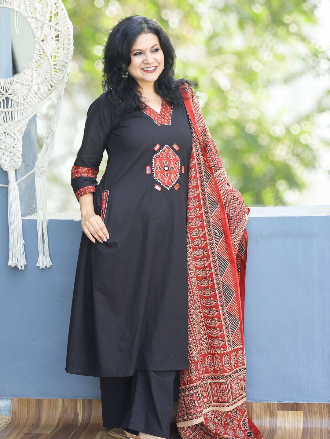 Jhilmil Black V Neck Ajrak Patch and Mirror Work Cotton 3 PIece Set with Pocket