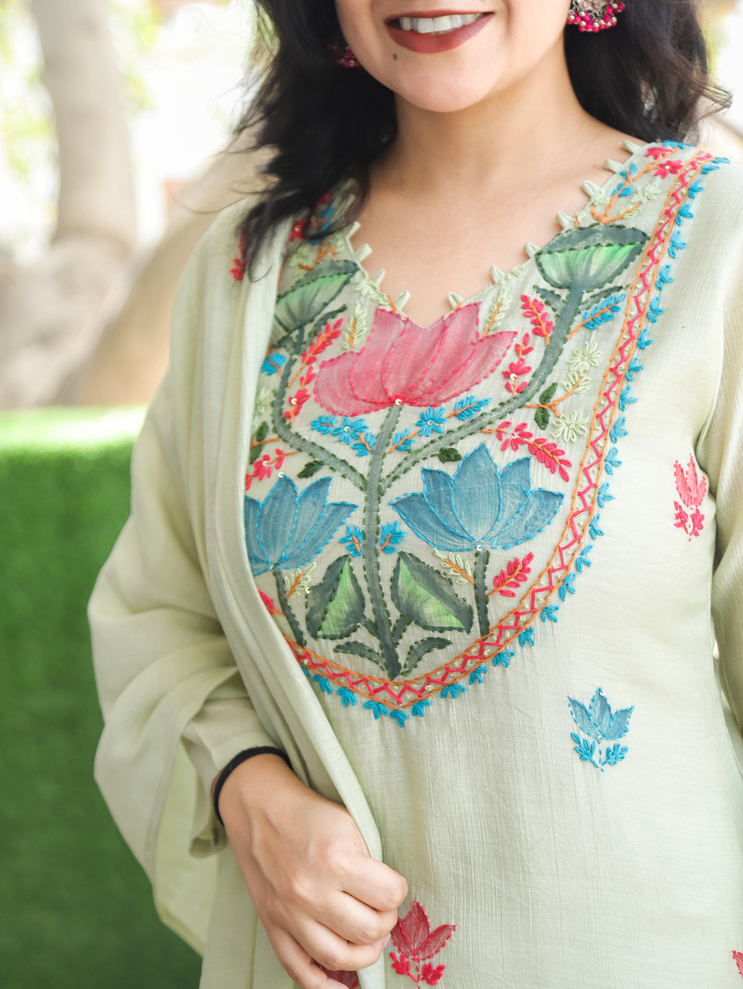 Elisha Mint Green Kantha Mul Chanderi 3 Piece Set