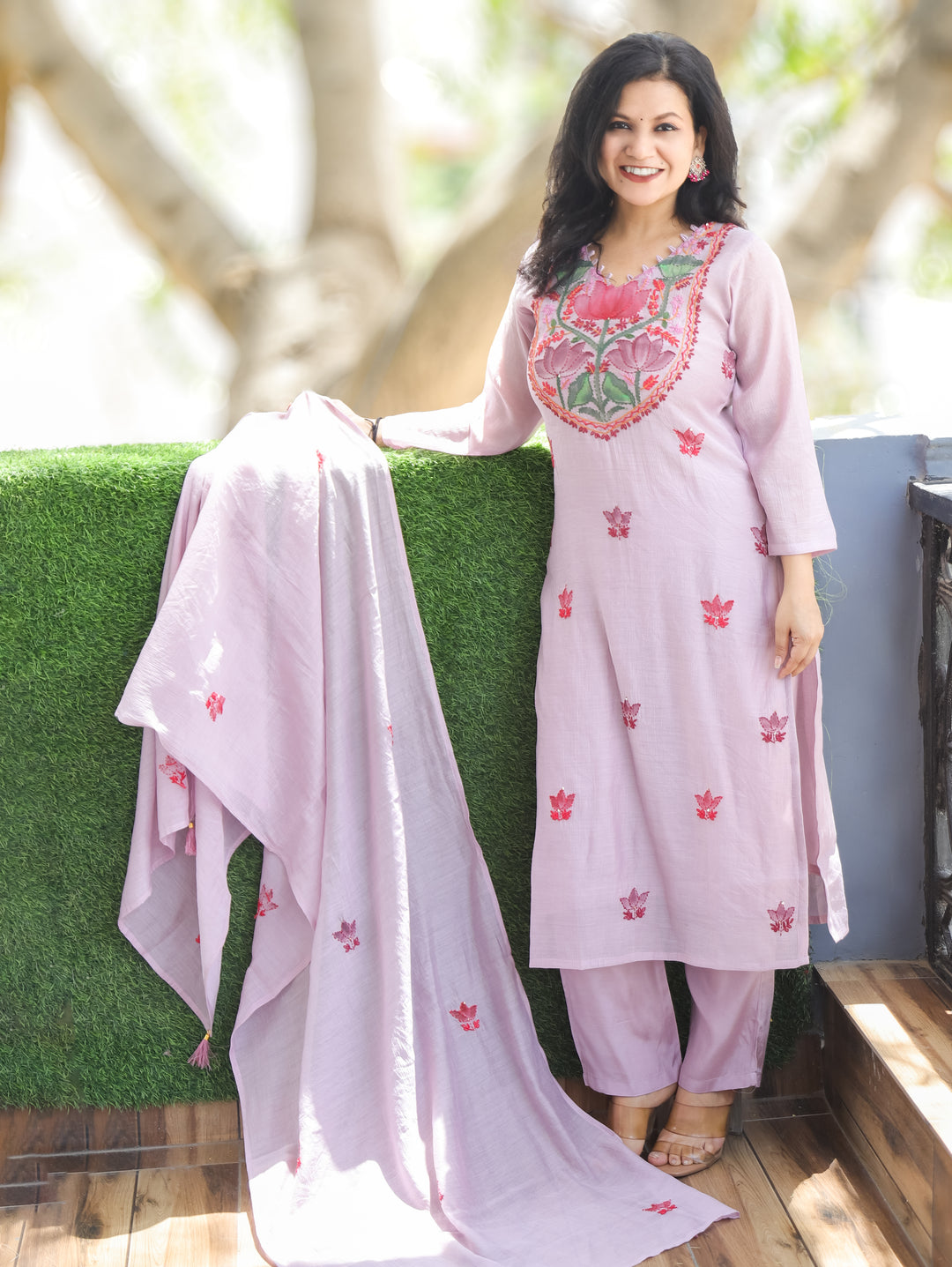 Elisha Helio Lilac Kantha Mul Chanderi 3 Piece Set