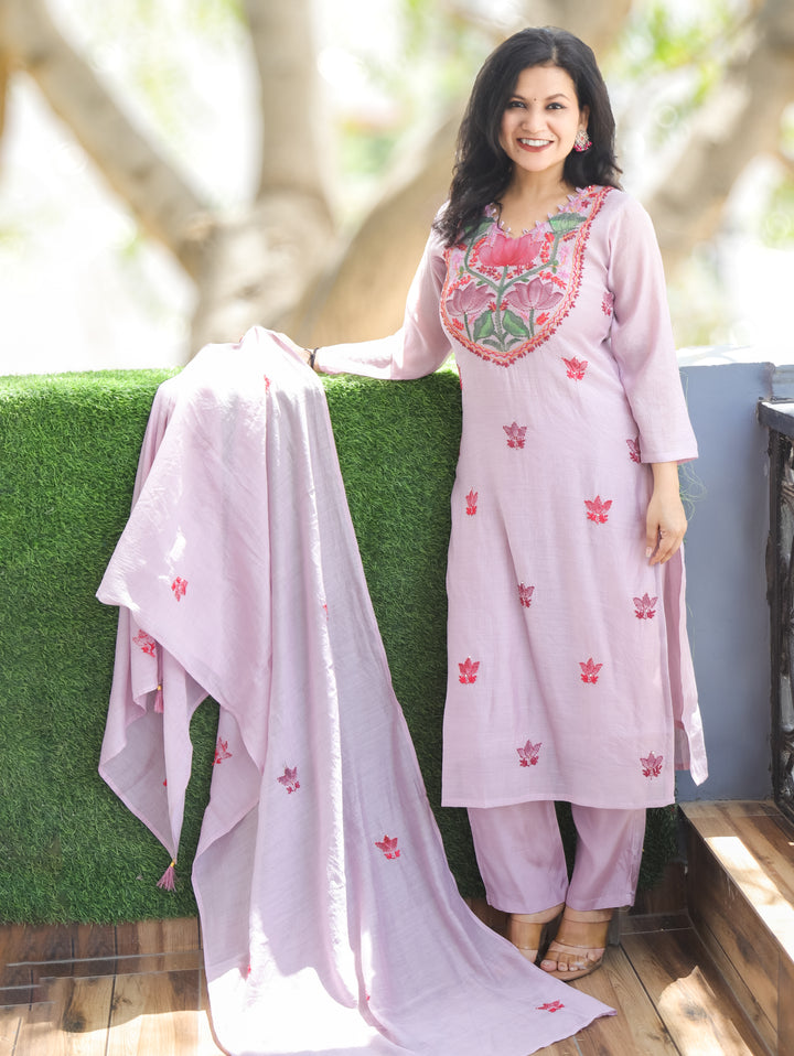 Elisha Helio Lilac Kantha Mul Chanderi 3 Piece Set