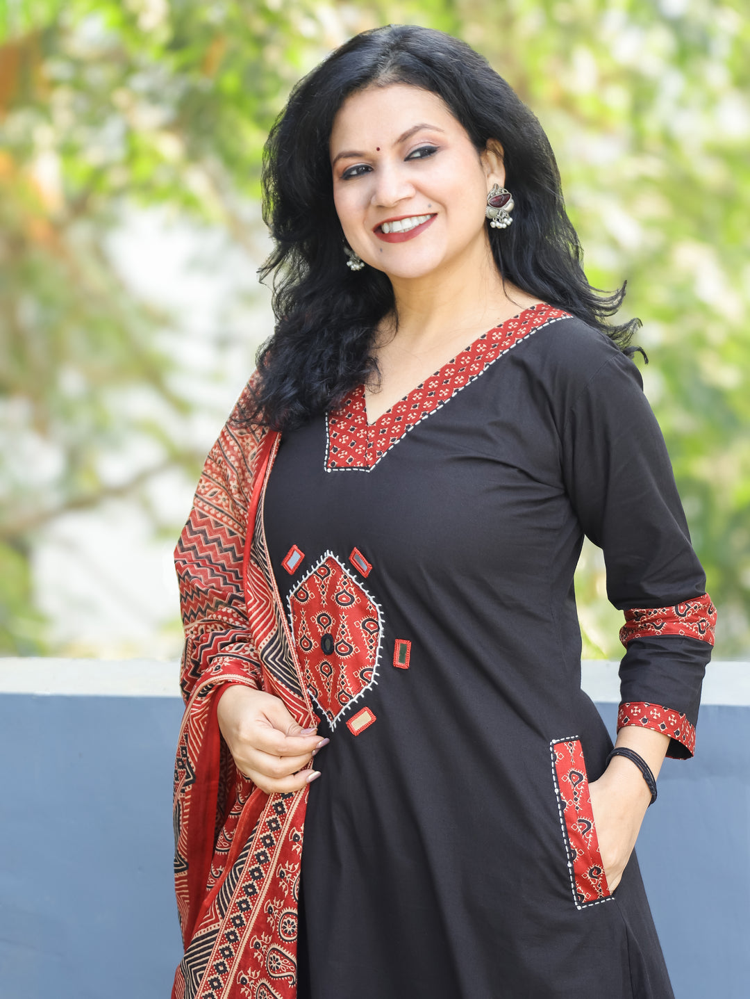 Jhilmil Black V Neck Ajrak Patch and Mirror Work Cotton 3 PIece Set with Pocket