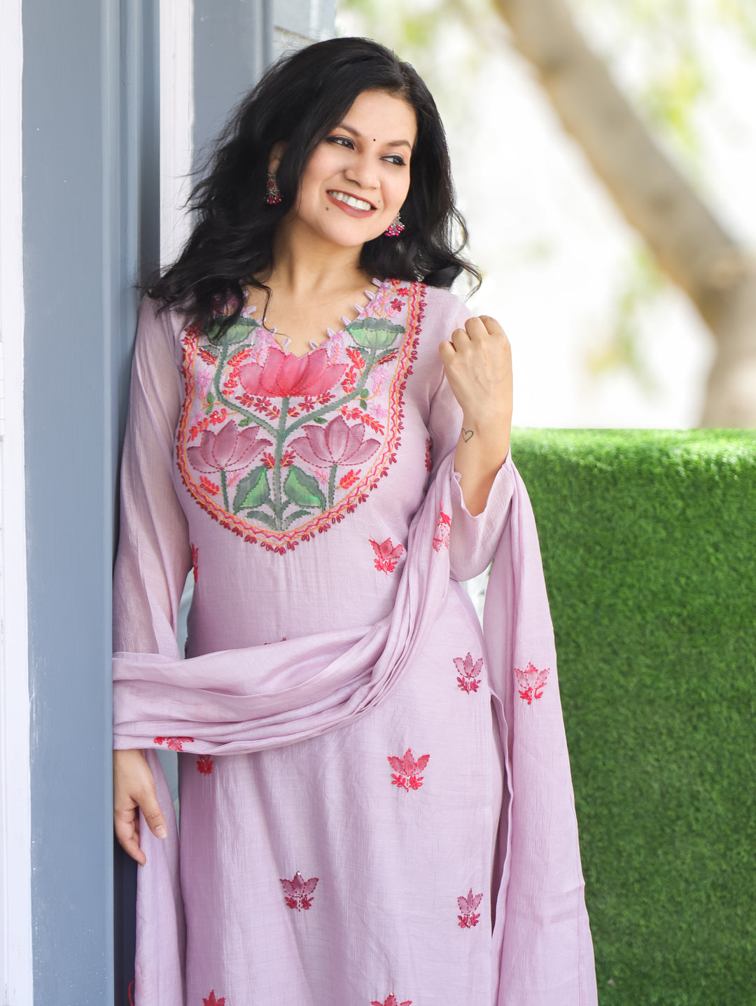 Elisha Helio Lilac Kantha Mul Chanderi 3 Piece Set