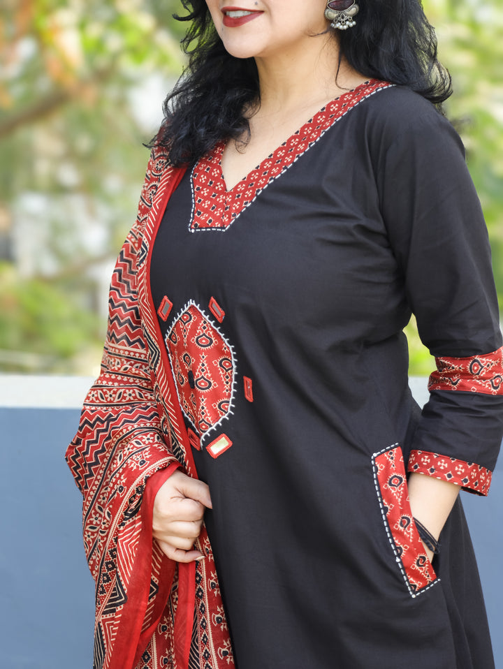 Jhilmil Black V Neck Ajrak Patch and Mirror Work Cotton 3 PIece Set with Pocket