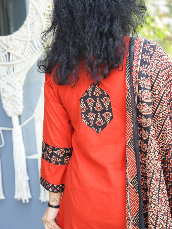 Jhilmil Rust Orange V Neck Ajrak Patch and Mirror Work Cotton 3 PIece Set with Pocket