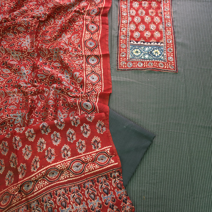 Surma Pine Green Ajrak Yoke with Running Stitch Cotton Set
