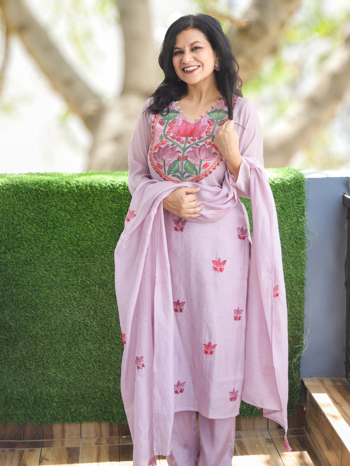 Elisha Helio Lilac Kantha Mul Chanderi 3 Piece Set