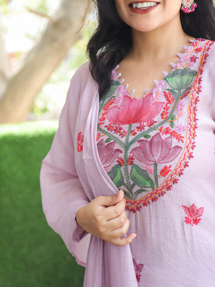 Elisha Helio Lilac Kantha Mul Chanderi 3 Piece Set