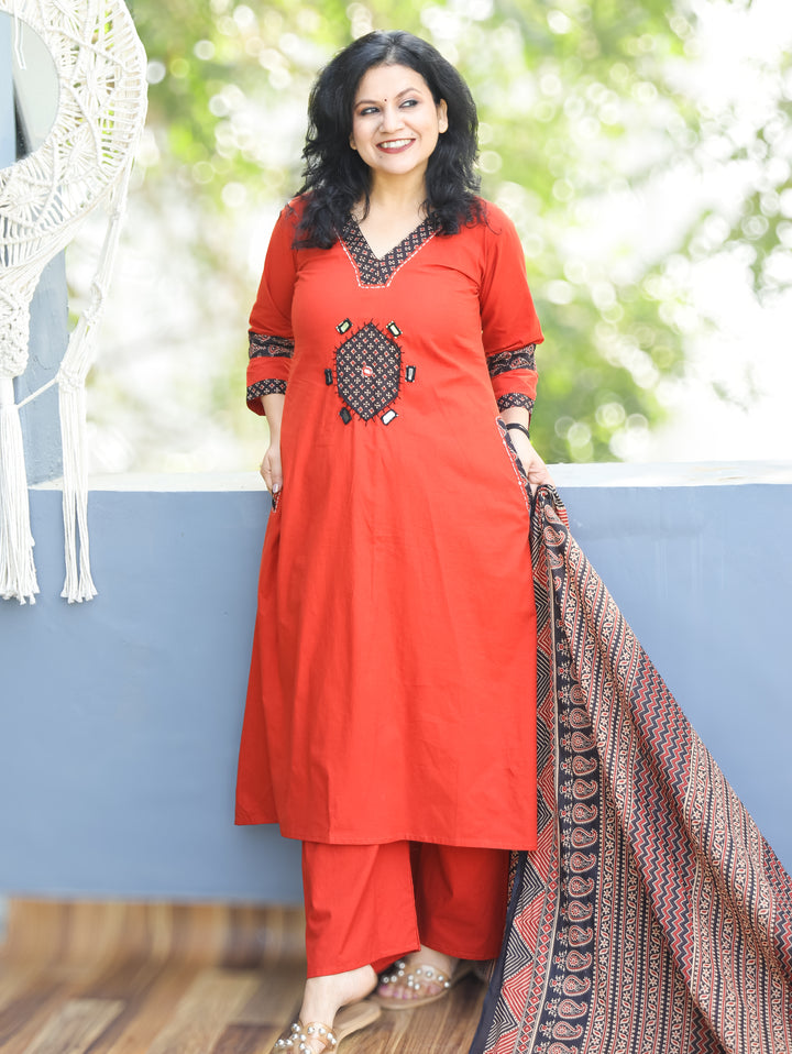 Jhilmil Rust Orange V Neck Ajrak Patch and Mirror Work Cotton 3 PIece Set with Pocket