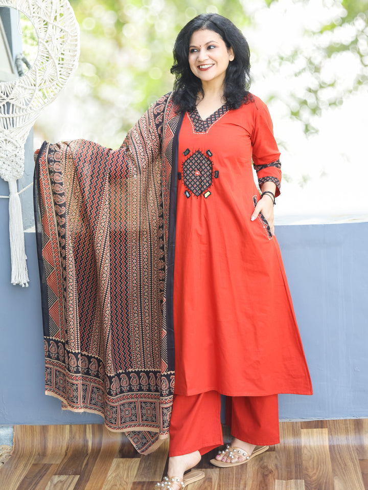 Jhilmil Rust Orange V Neck Ajrak Patch and Mirror Work Cotton 3 PIece Set with Pocket