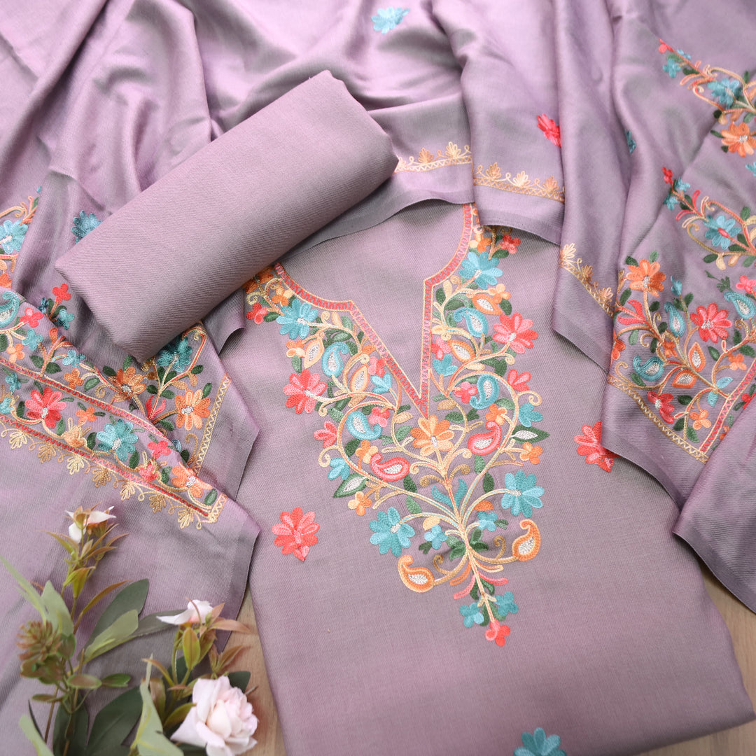 Mirzeya Helio Lilac Kashida Embroidered Semi Pashmina Winter Set