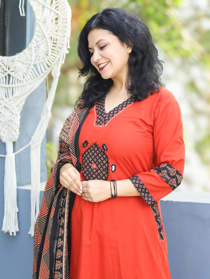 Jhilmil Rust Orange V Neck Ajrak Patch and Mirror Work Cotton 3 PIece Set with Pocket