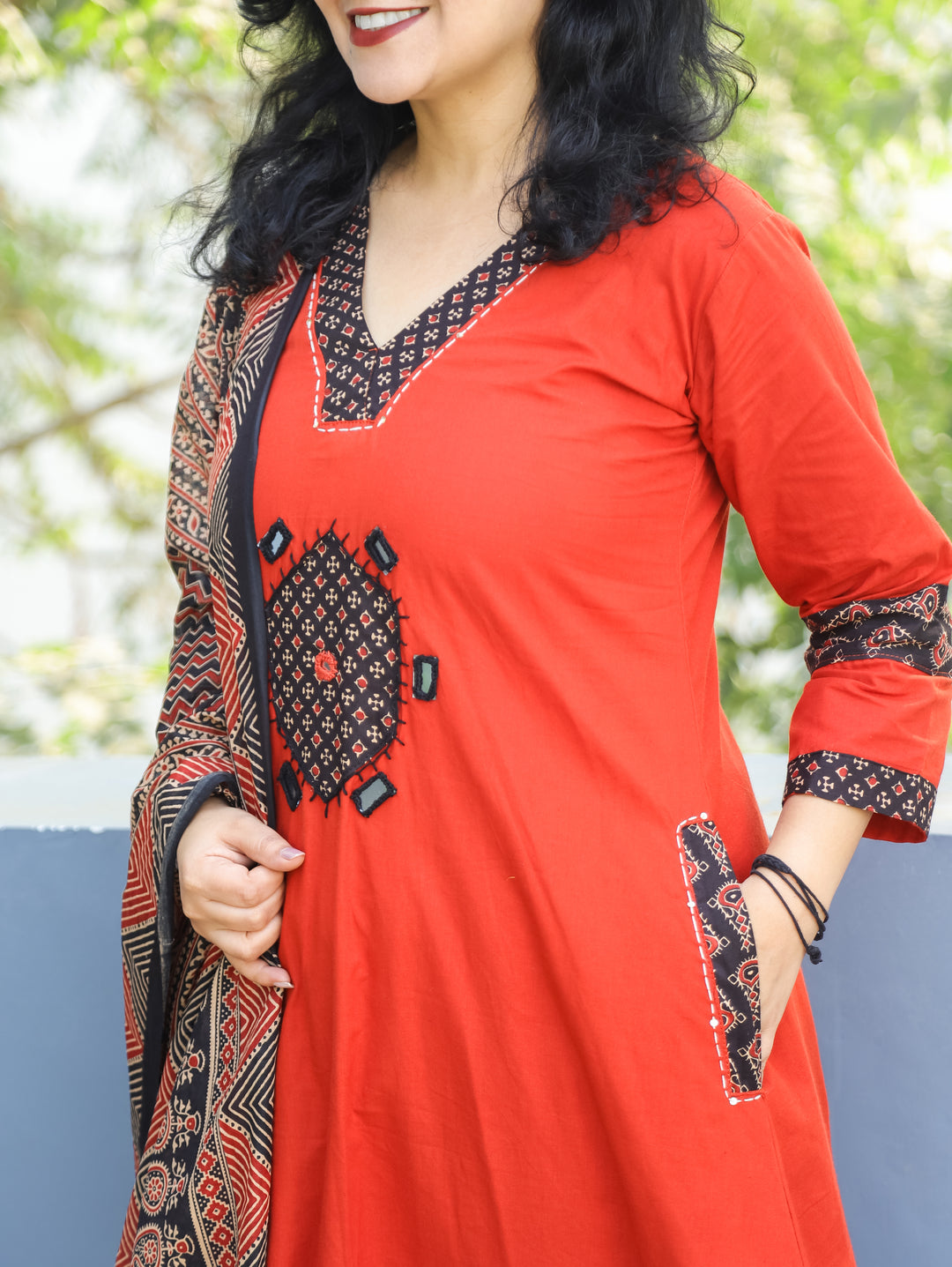 Jhilmil Rust Orange V Neck Ajrak Patch and Mirror Work Cotton 3 PIece Set with Pocket