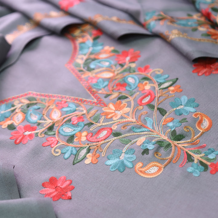 Mirzeya Sky Grey Kashida Embroidered Semi Pashmina Winter Set