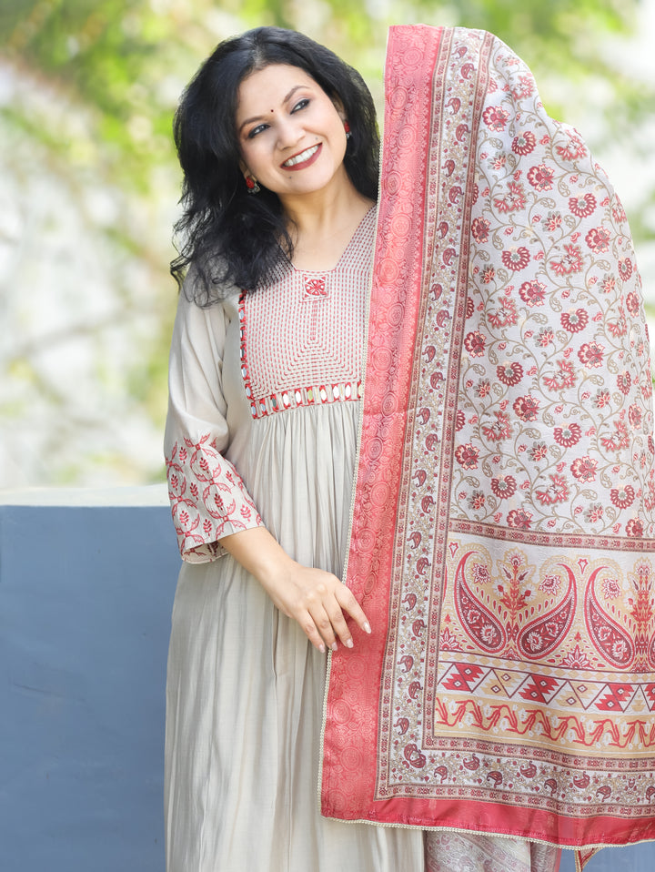 Masakkali Chrome Grey Thread Work Mirror in Front Gathered Roman Silk 3 Piece Set