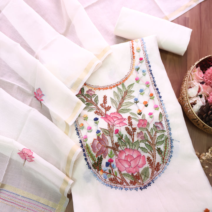 Hans White with Pink Floral Hand Painted Kantha Mul Chanderi Set