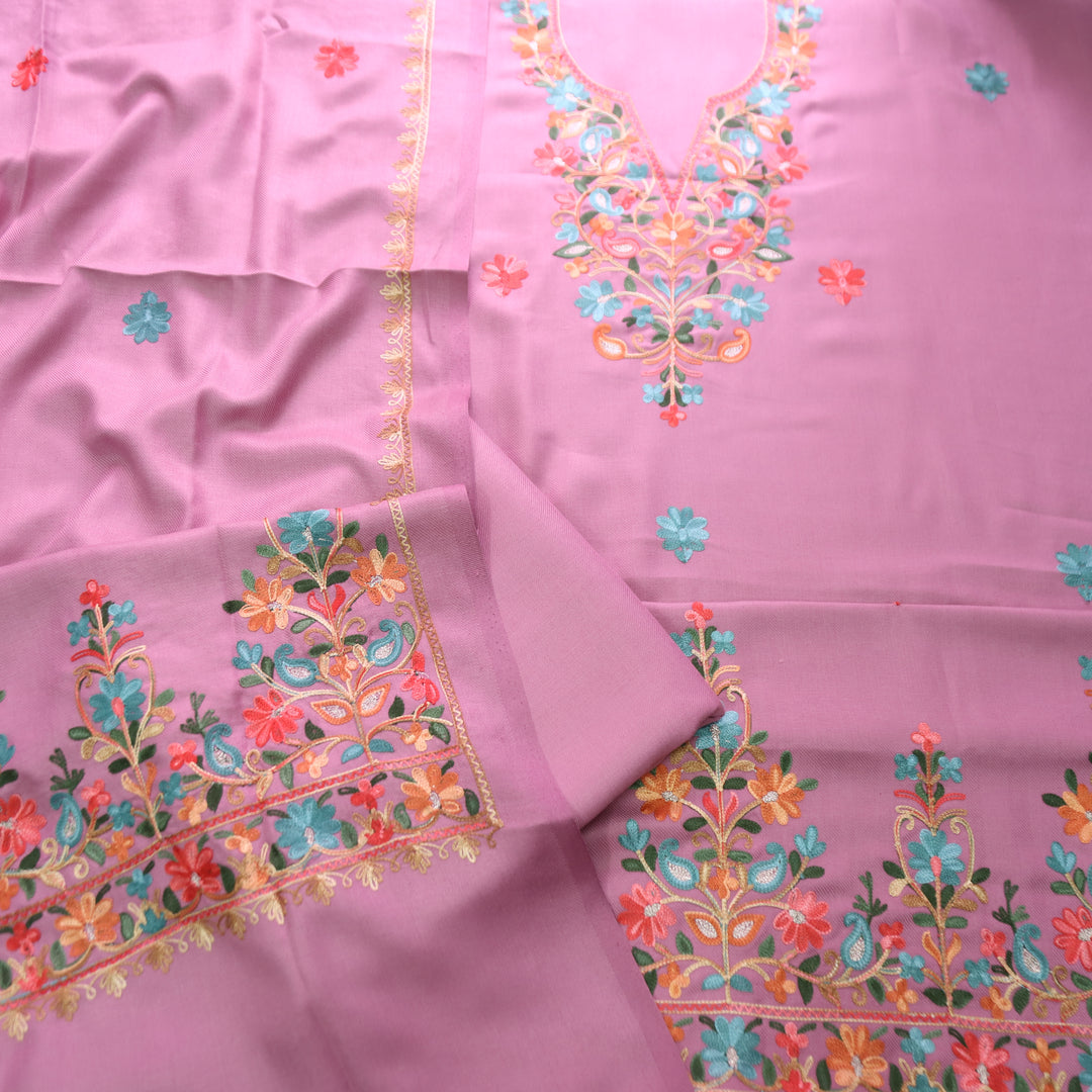 Mirzeya Frost Pink Kashida Embroidered Semi Pashmina Winter Set