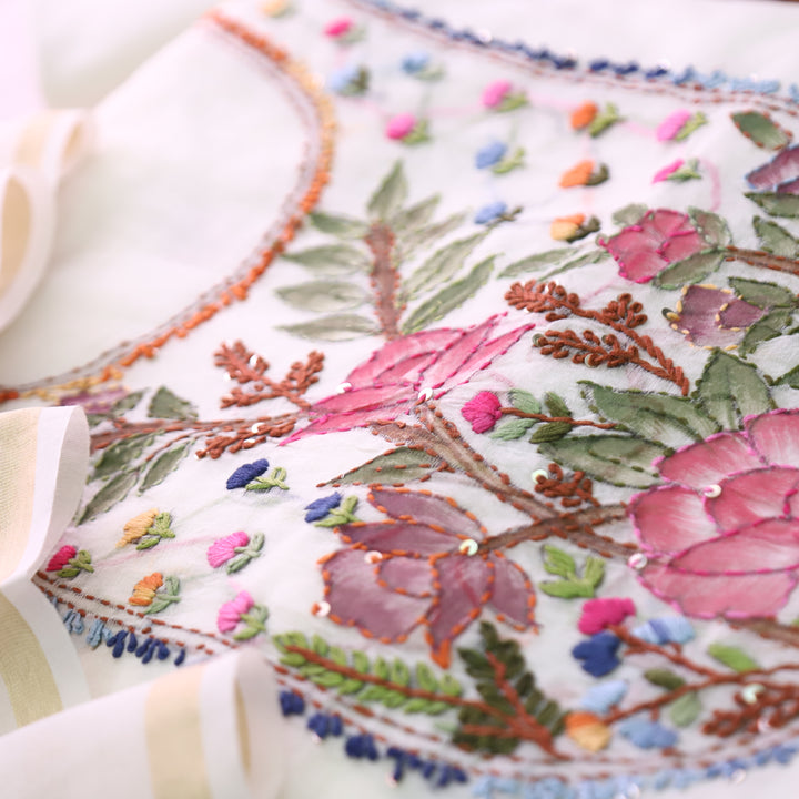 Hans White with Pink Floral Hand Painted Kantha Mul Chanderi Set