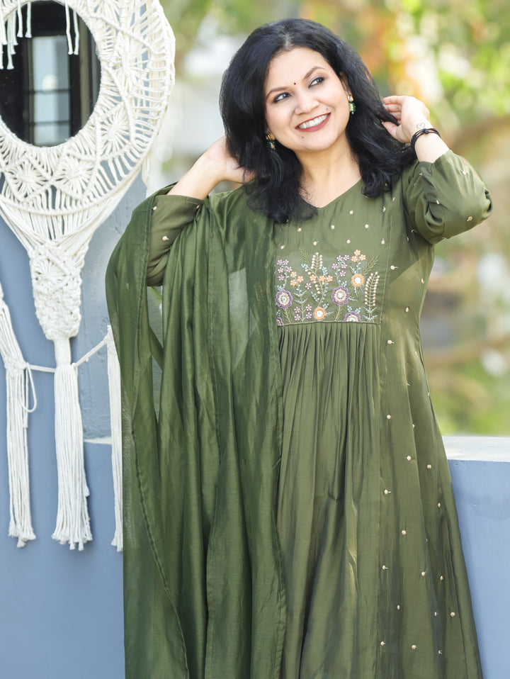 Masakkali Forest Green Embroidered Neckline Front Gathered Modal 3 Piece Set