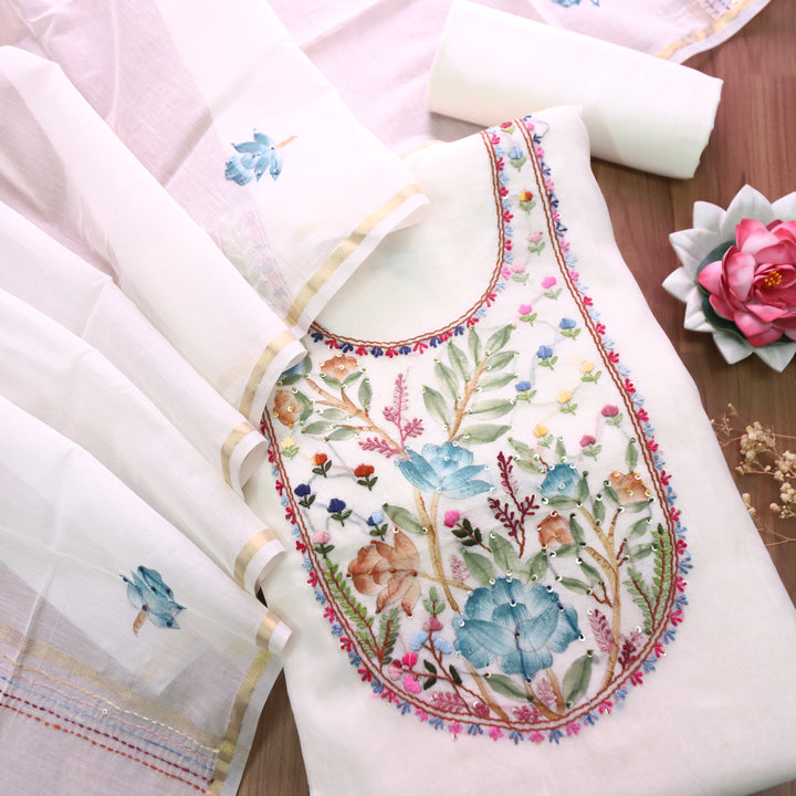 Hans White with Blue Floral Hand Painted Kantha Mul Chanderi Set