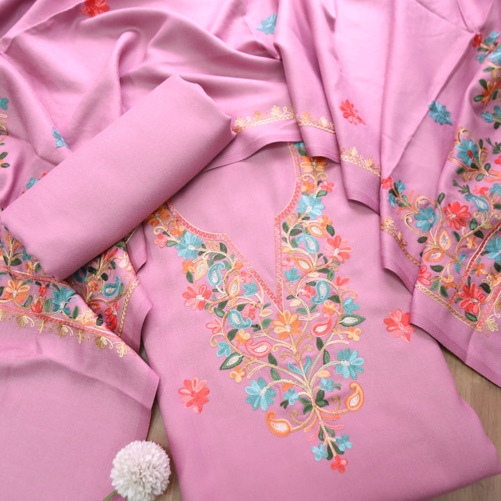 Mirzeya Frost Pink Kashida Embroidered Semi Pashmina Winter Set