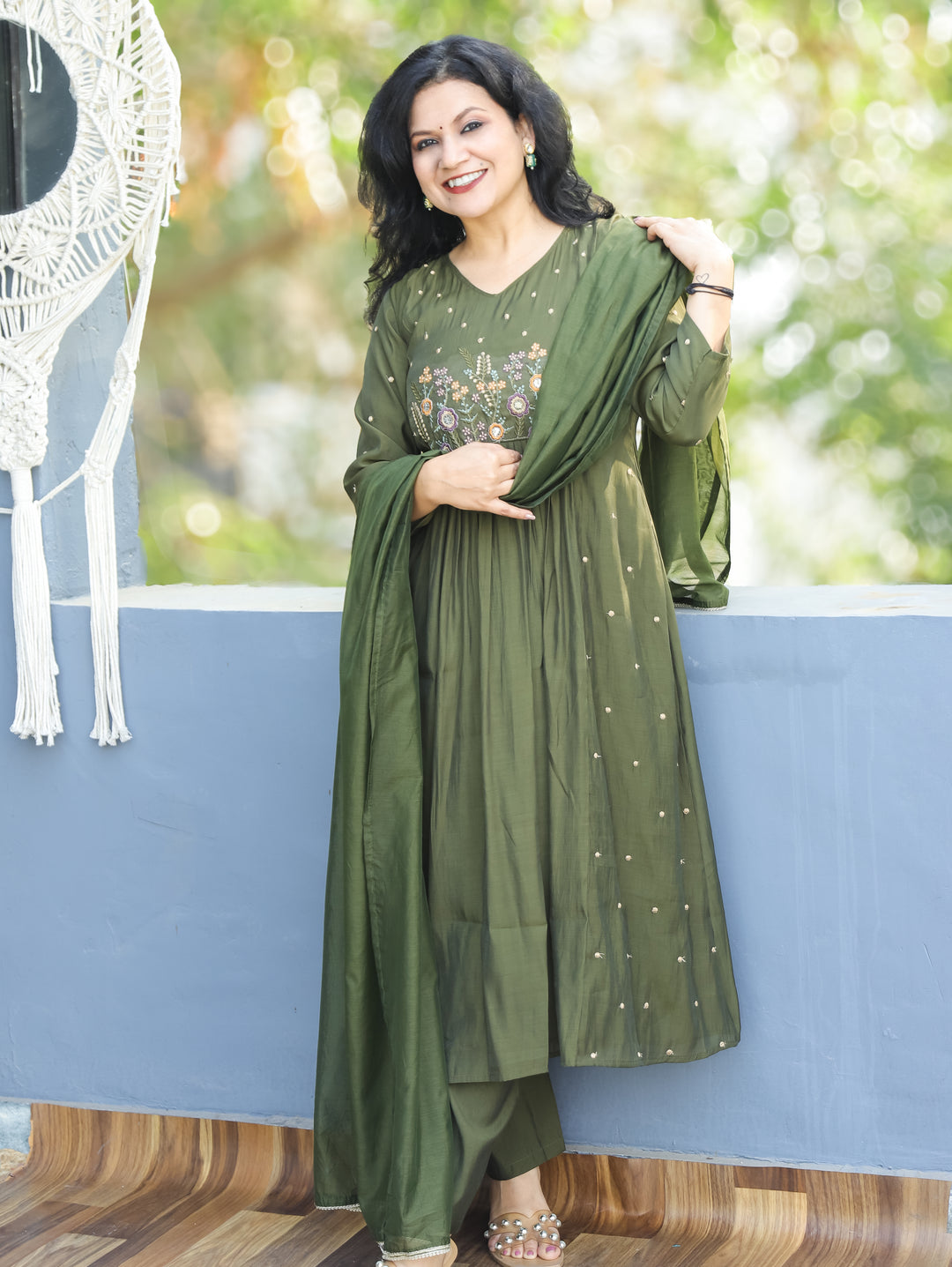 Masakkali Forest Green Embroidered Neckline Front Gathered Modal 3 Piece Set