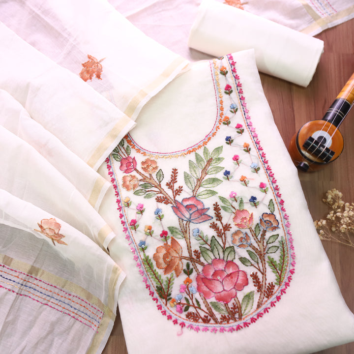 Hans White with Red Floral Hand Painted Kantha Mul Chanderi Set