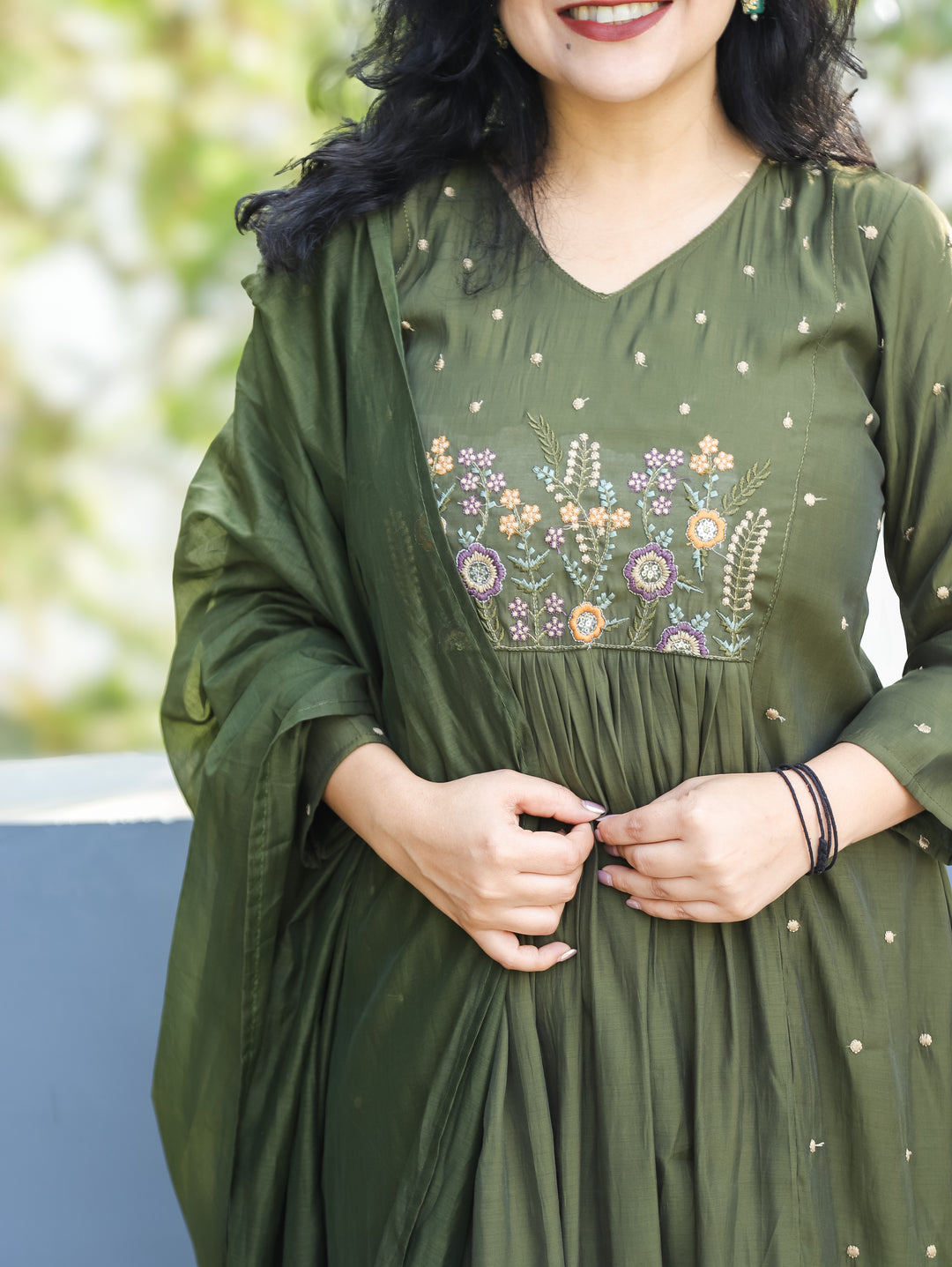 Masakkali Forest Green Embroidered Neckline Front Gathered Modal 3 Piece Set