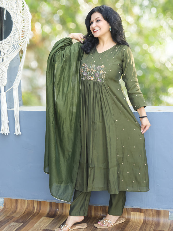 Masakkali Forest Green Embroidered Neckline Front Gathered Modal 3 Piece Set