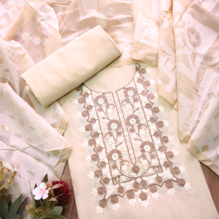 Avisha Beige Kashida Embroidered Work Chanderi Suit Set