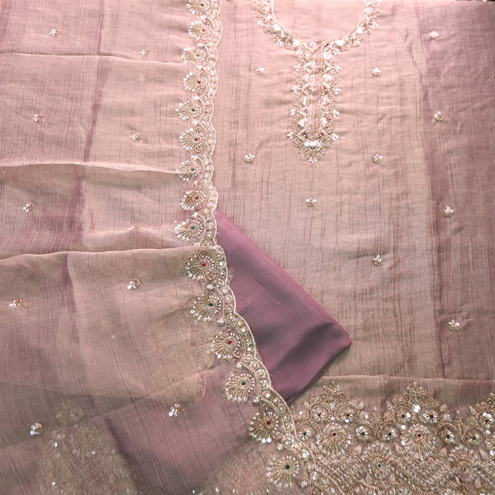 Kanika Misty Mauve Embellished Neck and Hem Crinkle Shimmer Tissue Set