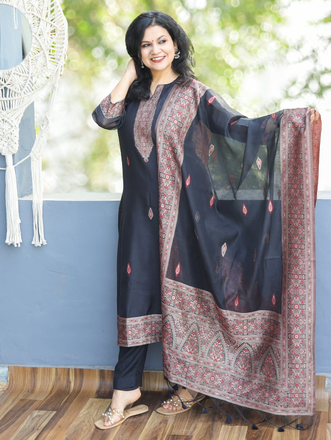 Rupali Black Round Neck in Jamdani Kashmiri Inspired Chanderi 3 Piece Set