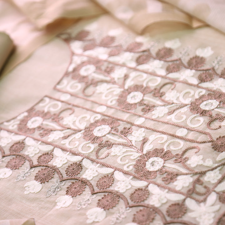 Avisha Beige Kashida Embroidered Work Chanderi Suit Set
