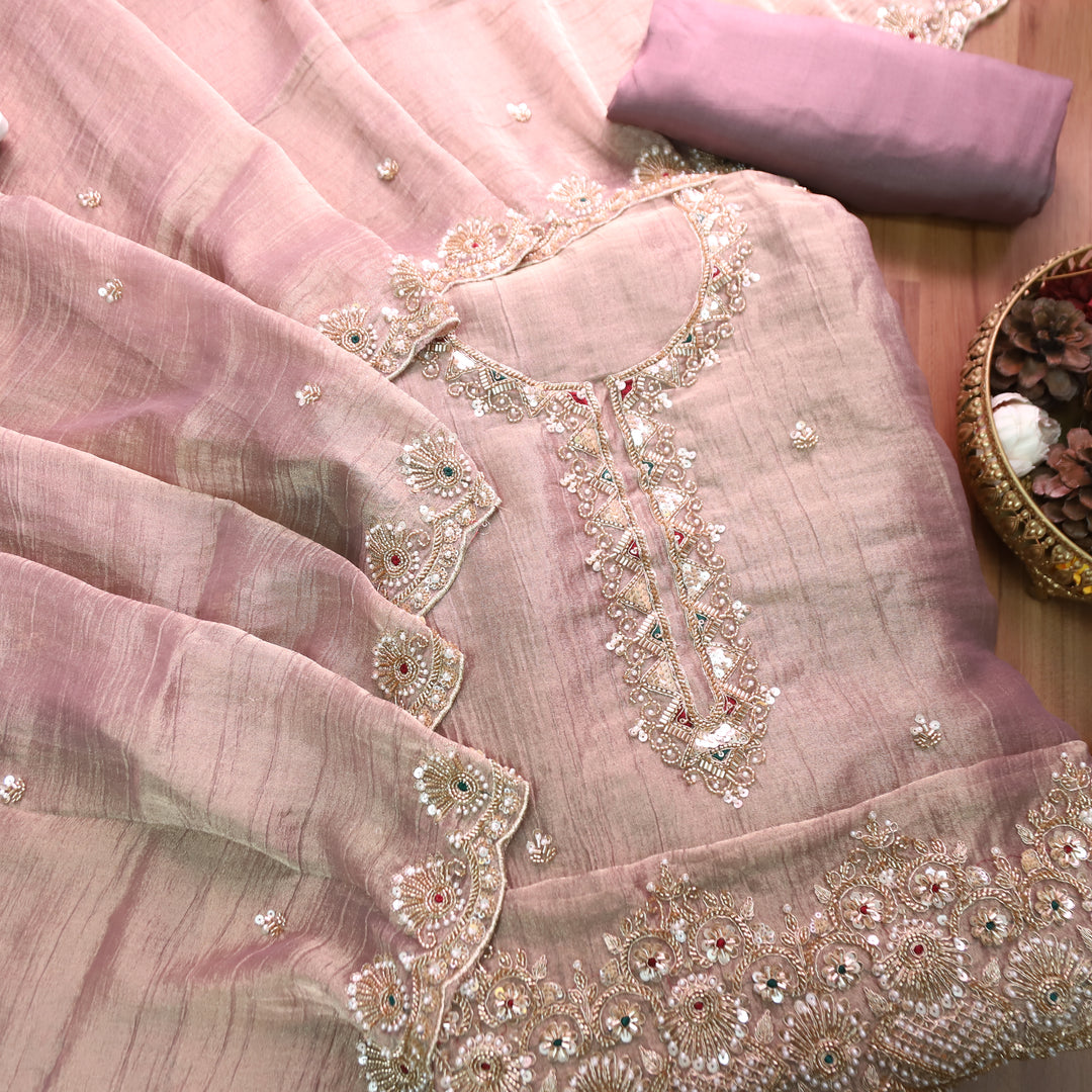 Kanika Misty Mauve Embellished Neck and Hem Crinkle Shimmer Tissue Set