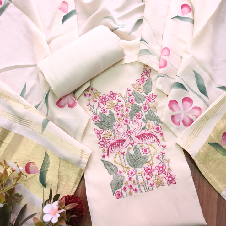Patrani Swan White with Bird Emboirdered Neck Work Modal Suit Set