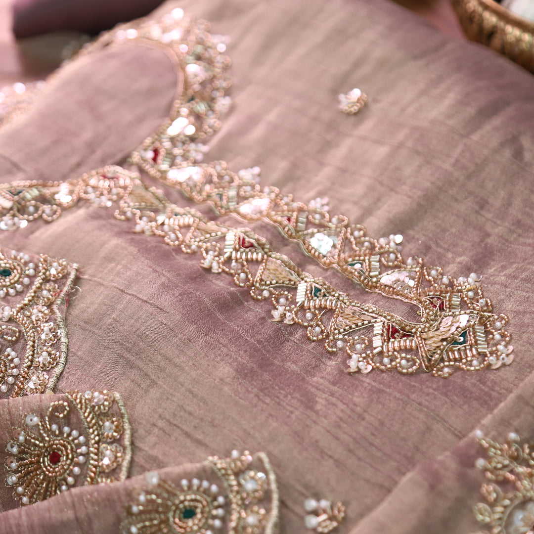 Kanika Misty Mauve Embellished Neck and Hem Crinkle Shimmer Tissue Set